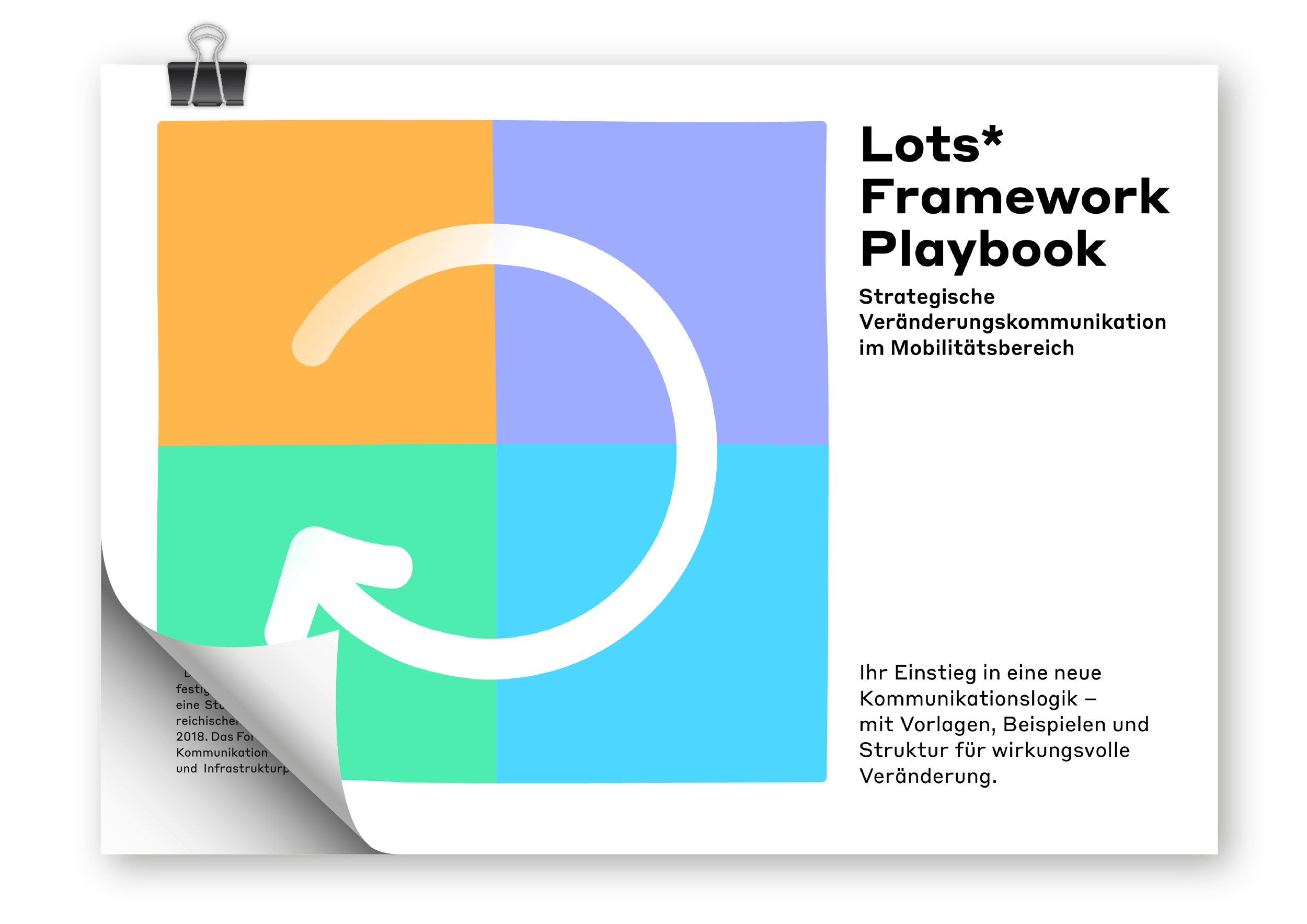 Titelseite des Lots* Framework Playbook mit dem Key Visual aus vier quadratischen Farbfeldern (Orange, Lila, Grün, Blau) und einem weißen Pfeil in Kreisform. Text: 'Strategische Veränderungskommunikation im Mobilitätsbereich'